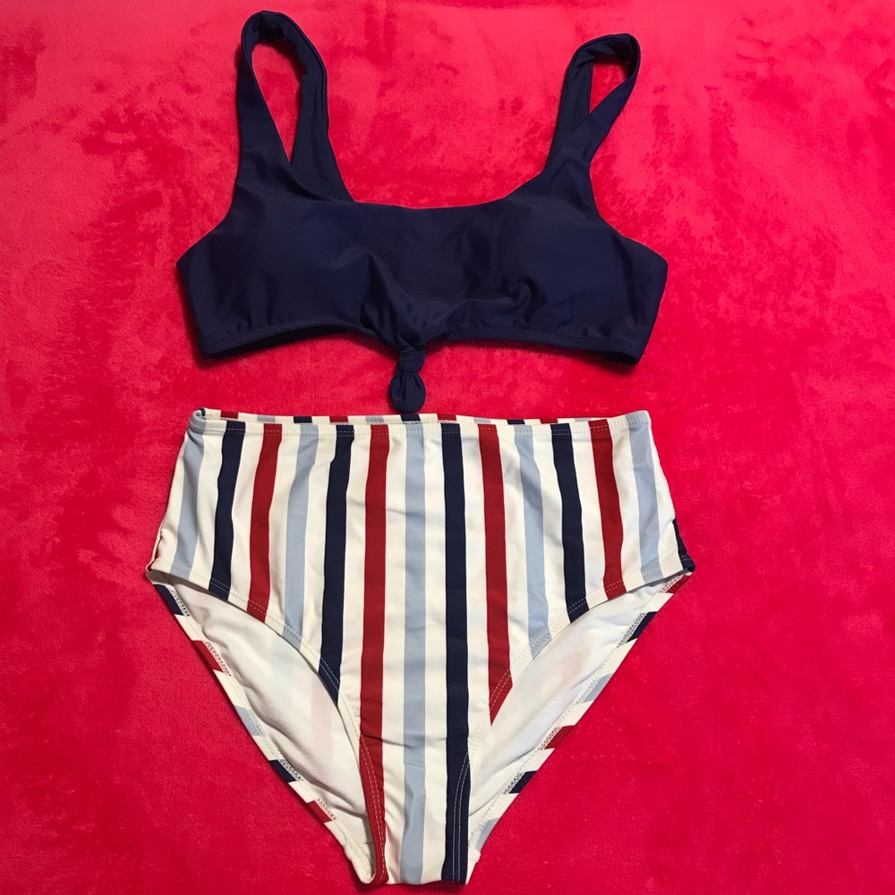 NWOT Navy Top with Red, White & Blue Striped High-Waist Bikini Bottoms